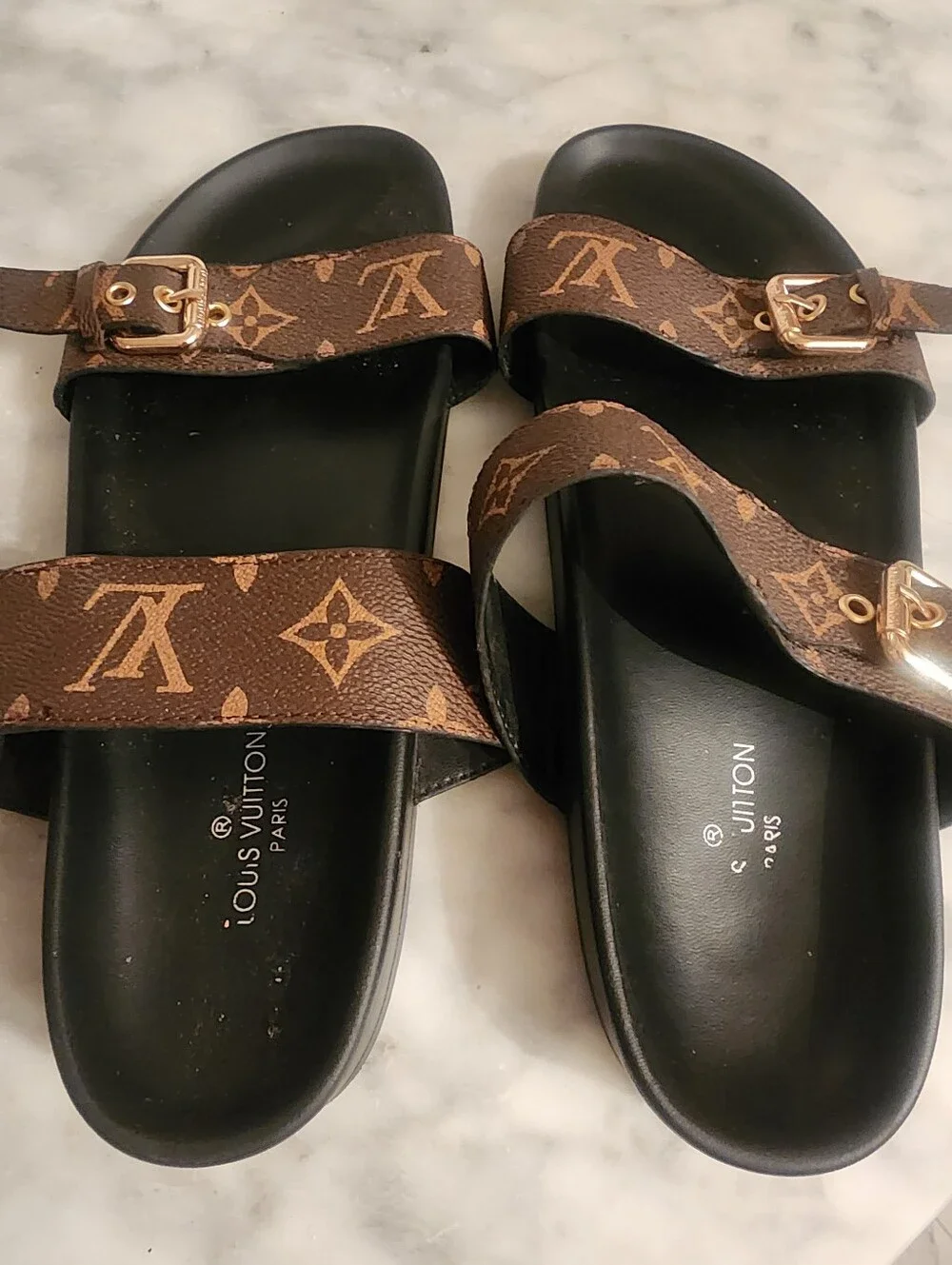 Louis Vuitton Monogram Double Buckle Slide Sandals. Fits 8.5-9 shoe size!